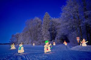 Pixelstickereien am Waldrand: Nach Sonnenuntergang tanzen die Schneemänner...